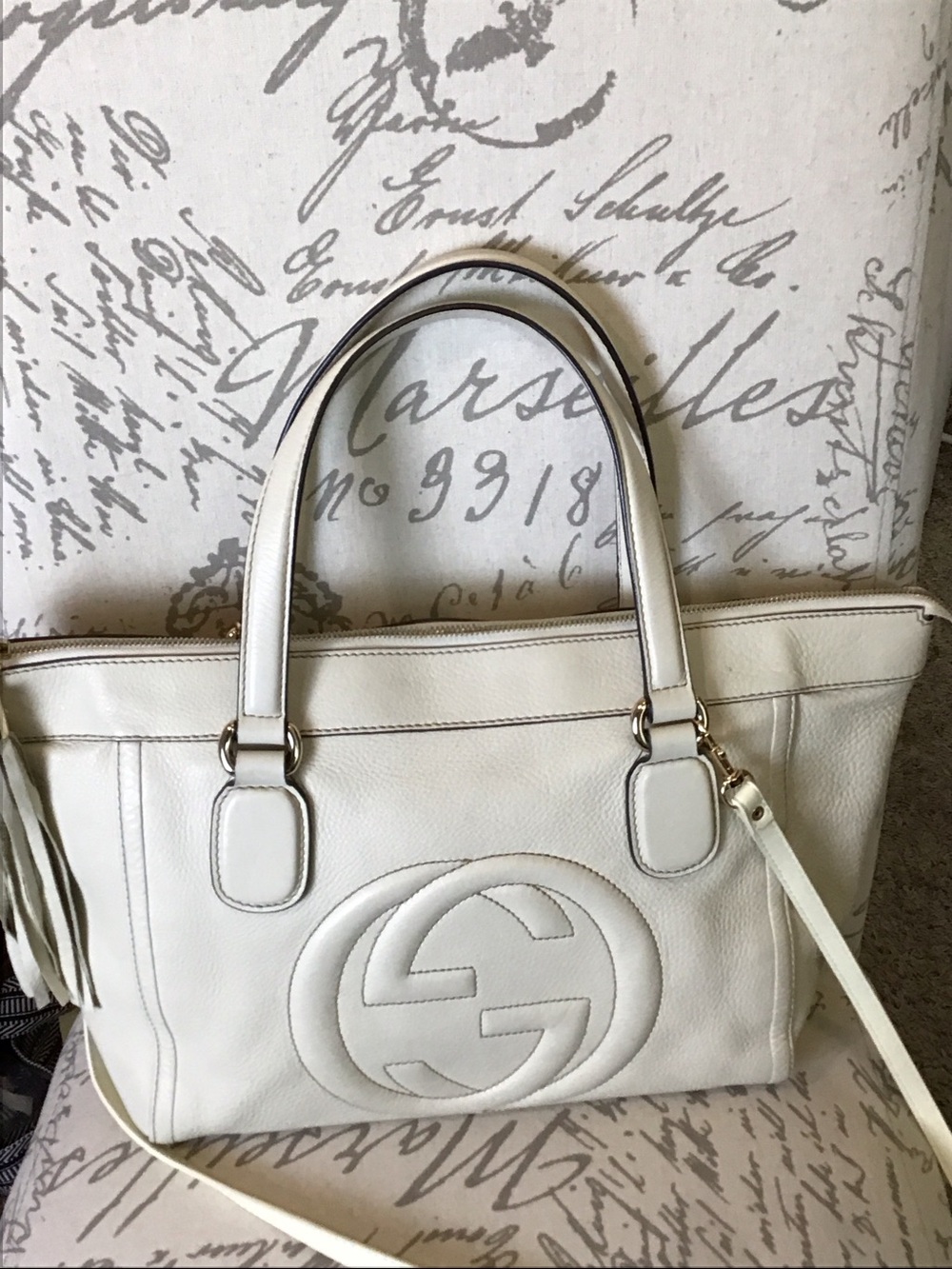 Gucci White Leather Tote Bag with Signature Double G